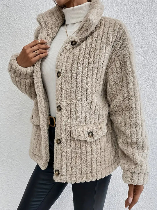 R&B | Teddy-Mantel Weicher Kunstpelz Knopfverschluss Lässiger Schnitt Stilvolles Design