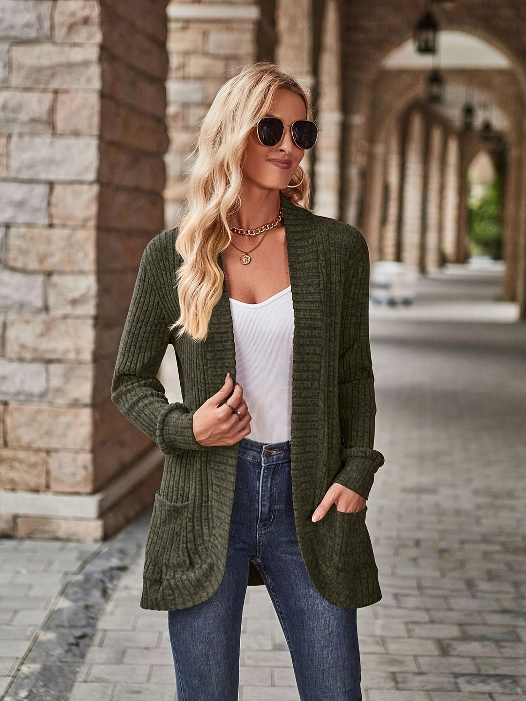 R&B | Damen Gerippter Offener Vorderseite Strickjacke Lange Ärmeln Lässig Strickpullover mit Taschen