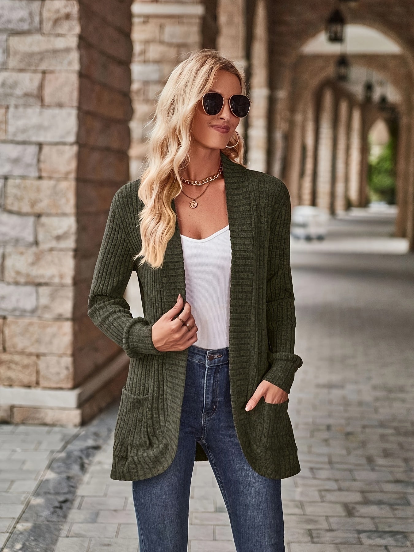 R&B | Damen Gerippter Offener Vorderseite Strickjacke Lange Ärmeln Lässig Strickpullover mit Taschen
