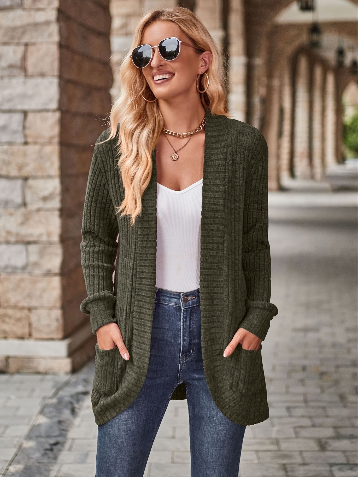 R&B | Damen Gerippter Offener Vorderseite Strickjacke Lange Ärmeln Lässig Strickpullover mit Taschen