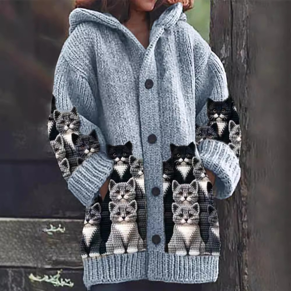 R&B | Gemütlicher Gestrickter Katze Druck Cardigan