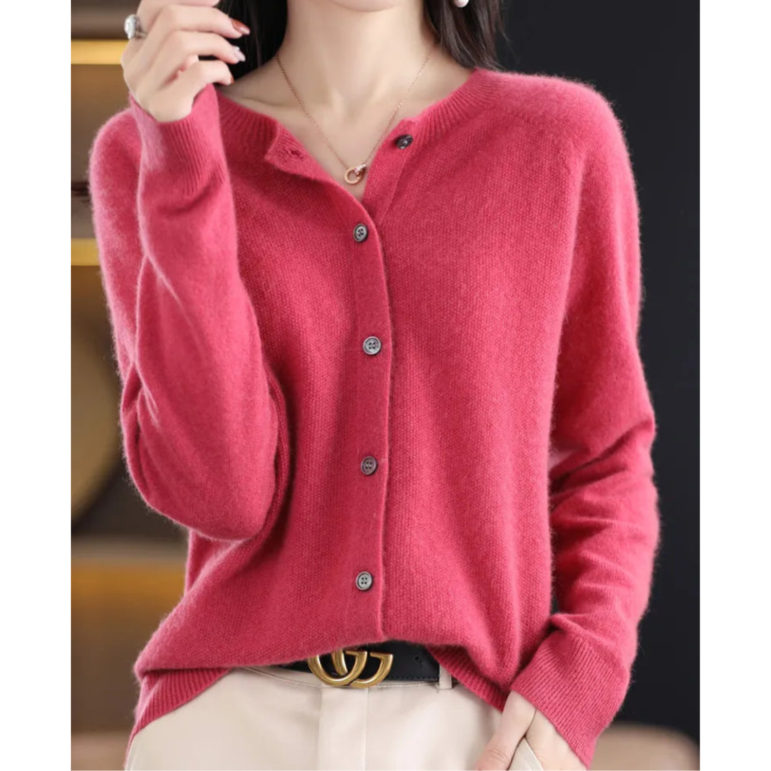R&B | Merinowolle Damen O-Ausschnitt gestrickte Strickjacke Pullover