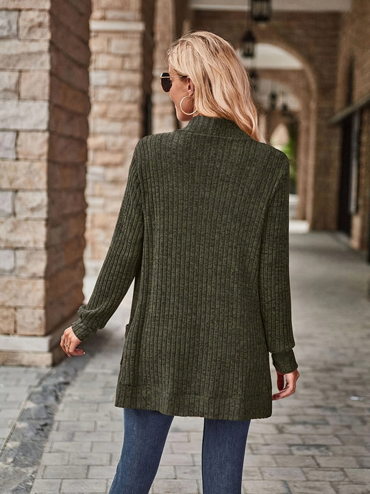 R&B | Damen Gerippter Offener Vorderseite Strickjacke Lange Ärmeln Lässig Strickpullover mit Taschen