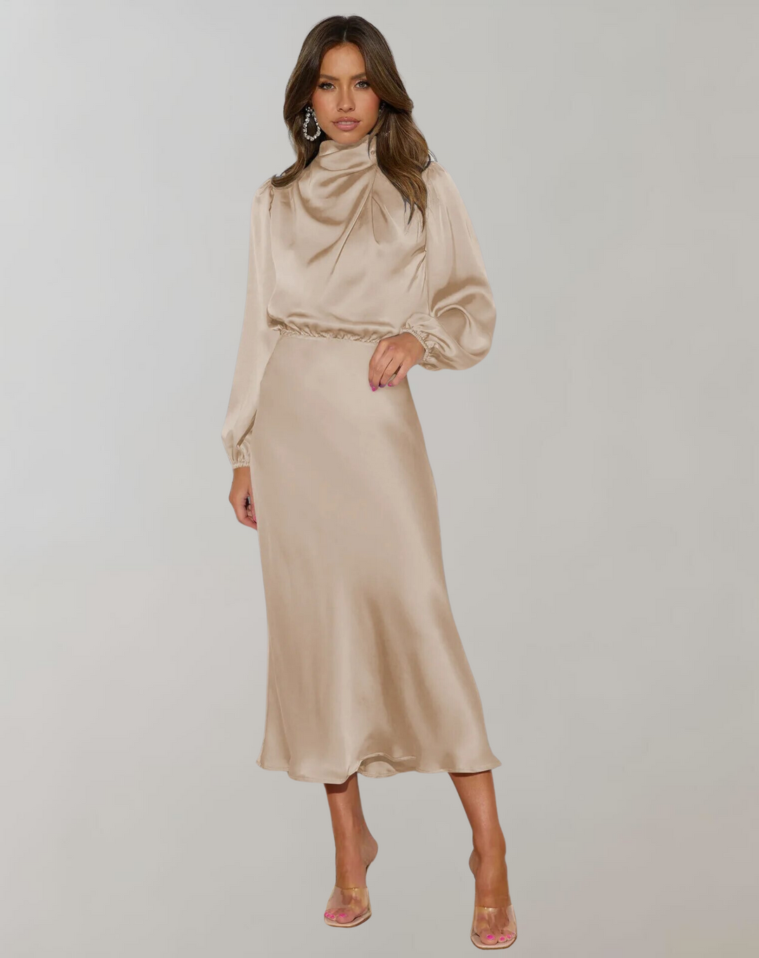 Elegante Satin Kleid Mit Langen Ärmeln