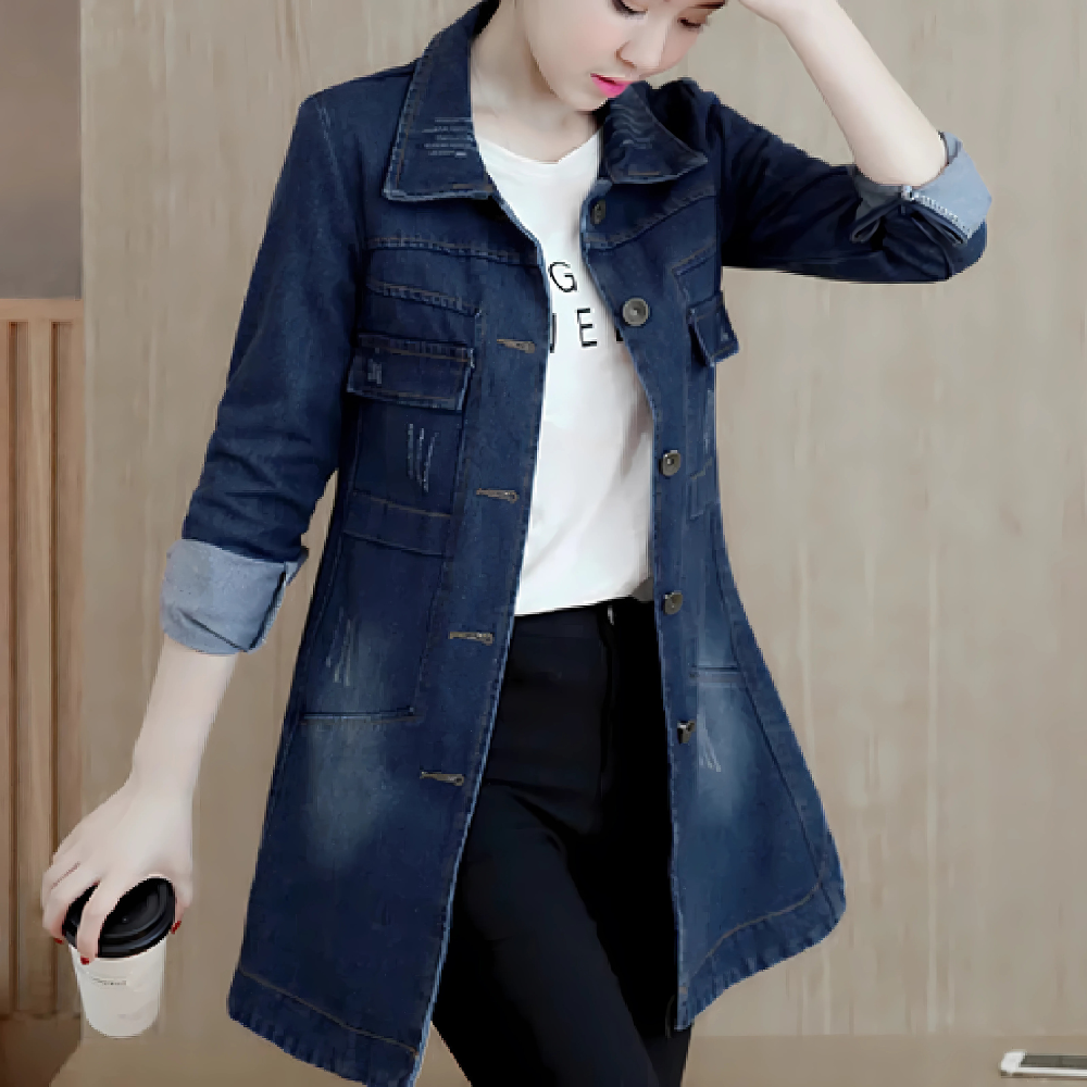 R&B | Lange Jeansjacke für Frauen mit Stickdetails
