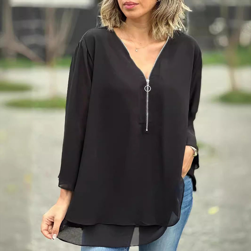R&B | Chiffon Reißverschluss Top mit V-Ausschnitt