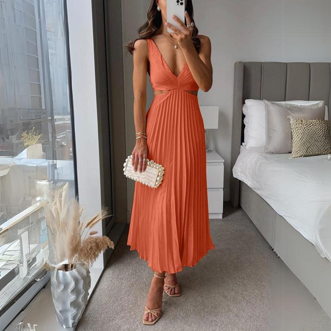 R&B | Midi Kleid Ärmellos V-Ausschnitt Twist Front & Cut Out Detail Plissierter Rock