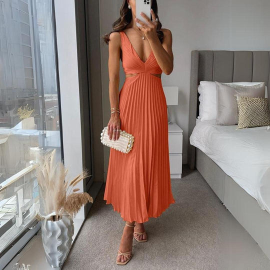 R&B | Midi Kleid Ärmellos V-Ausschnitt Twist Front & Cut Out Detail Plissierter Rock