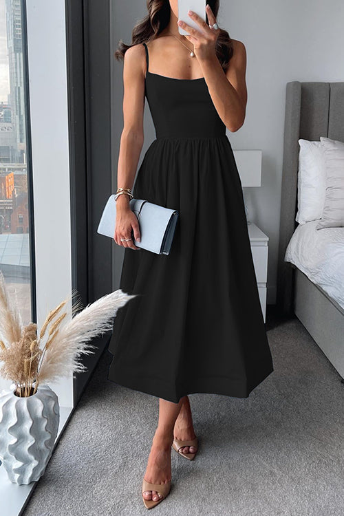 R&B | Midi Kleid Spaghettiträger Quadratischer Ausschnitt Ausgestellter Rock Elegante Passform
