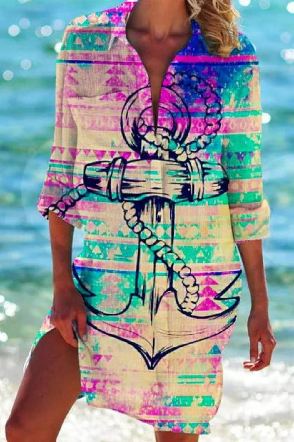 R&B - Lange Strandbluse mit Meeresmotiv