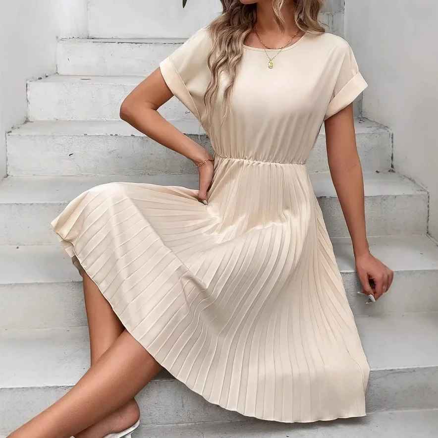 R&B | Einfarbig Plissierter Kurzarmkleid