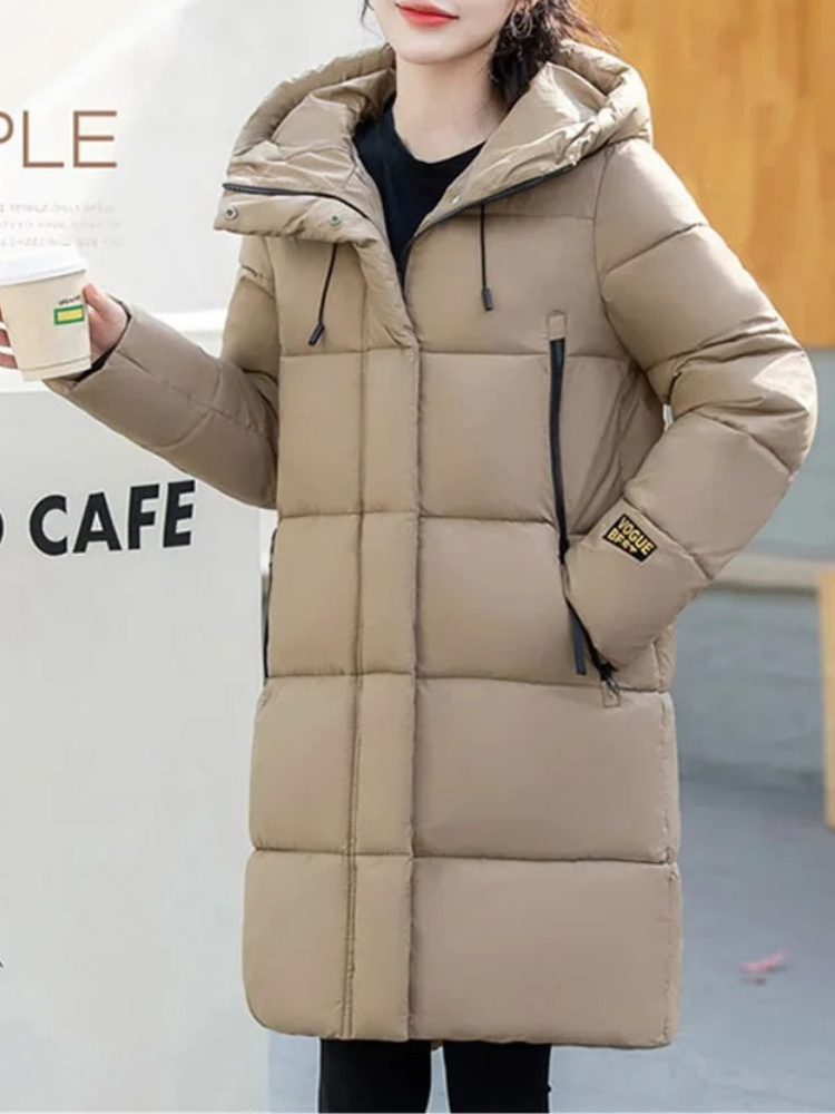 R&B | Stylische Khakifarbene Pufferjacke mit Kapuze und Reißverschluss