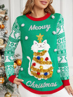 R&B | Weihnachten Langarm Cat Appliqué Rundhals Pullover