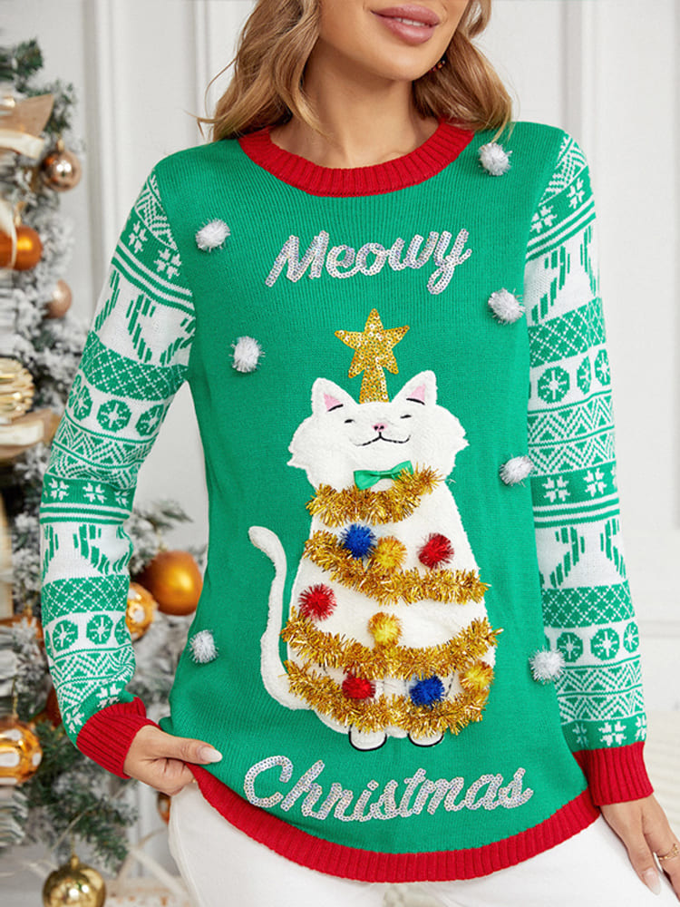 R&B | Weihnachten Langarm Cat Appliqué Rundhals Pullover