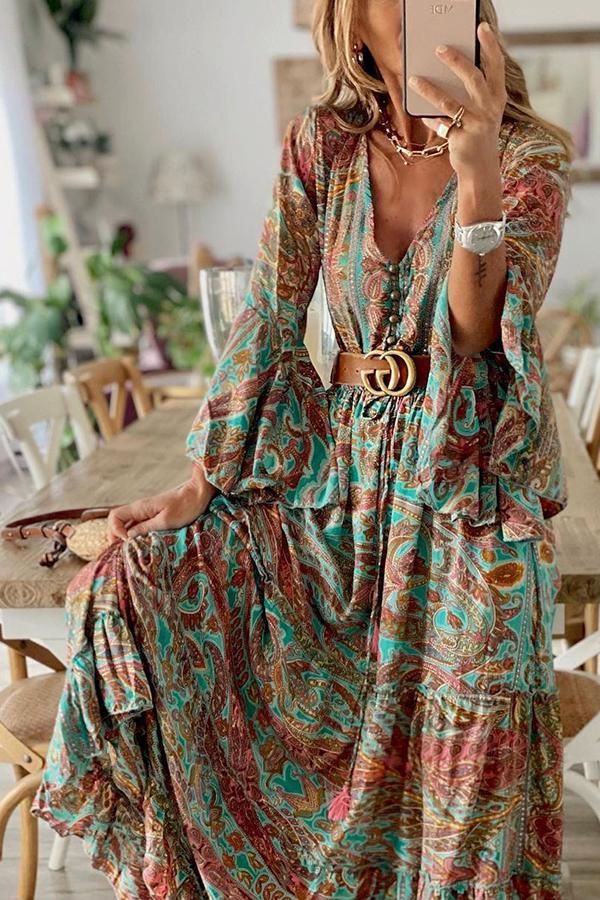 R&B | Damen Bohemianpaisley Druck & Trompetenärmel Kleid Maxi