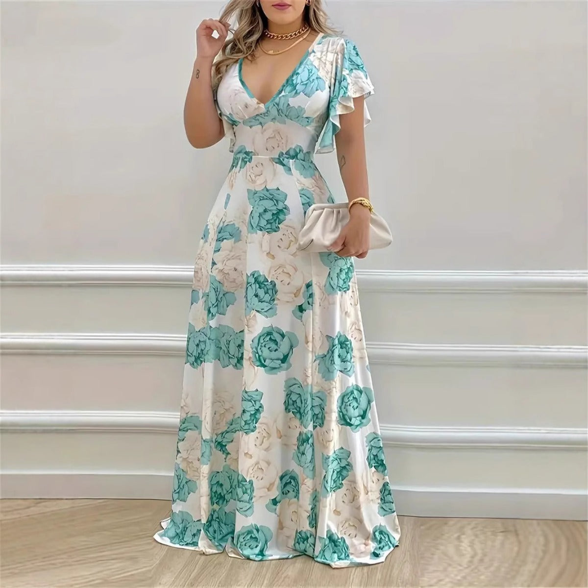 R&B | V-Ausschnitt Temperament elegant große Größe gedruckt Kleid