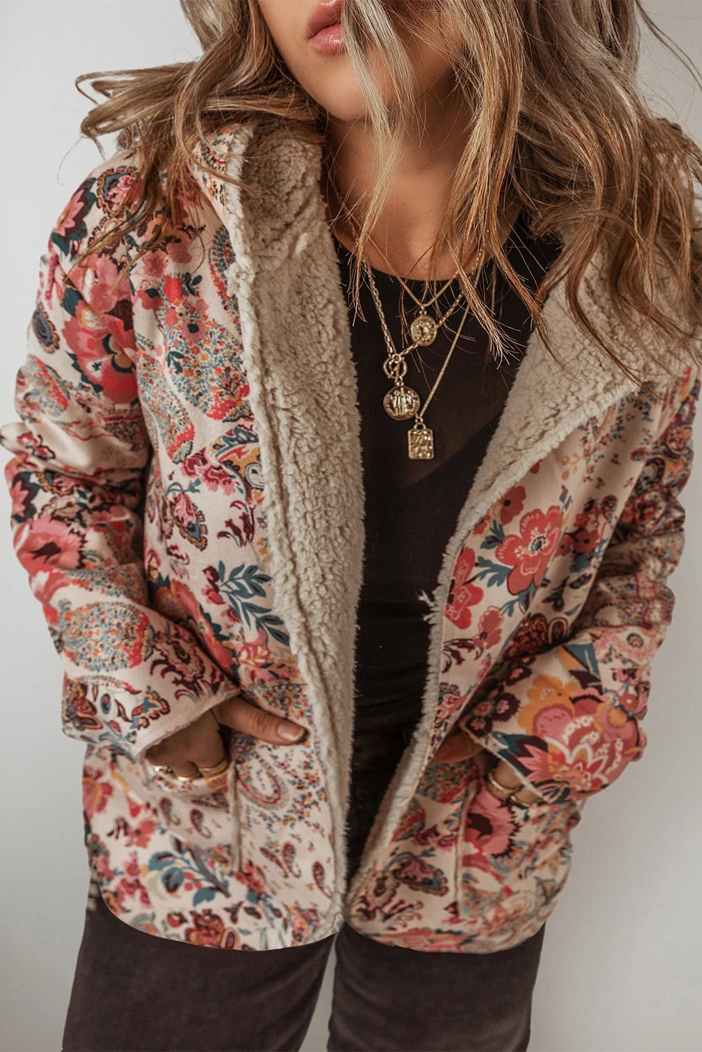 R&B | Vintage Paisley Blumenbedruckte Sherpa Futter Kapuzenjacke