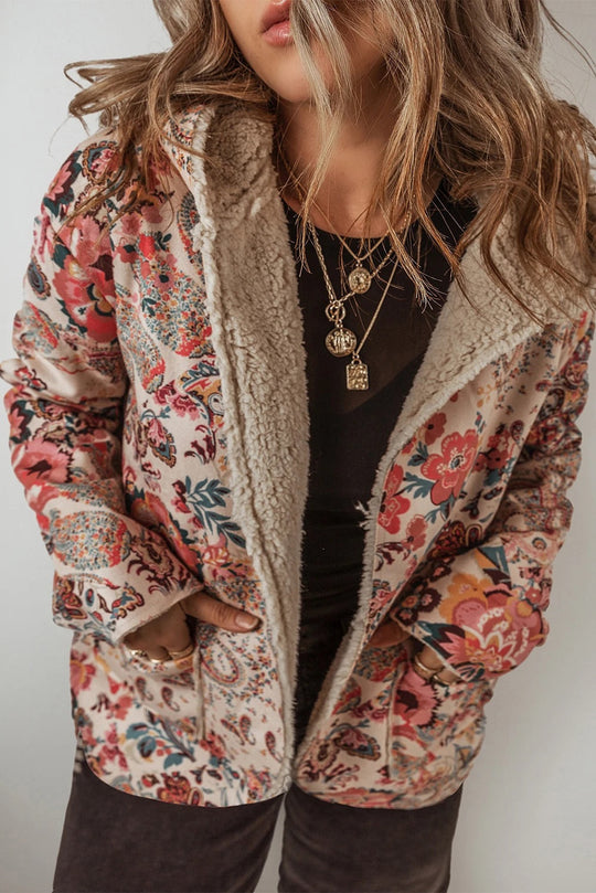 R&B | Vintage Paisley Blumenbedruckte Sherpa Futter Kapuzenjacke