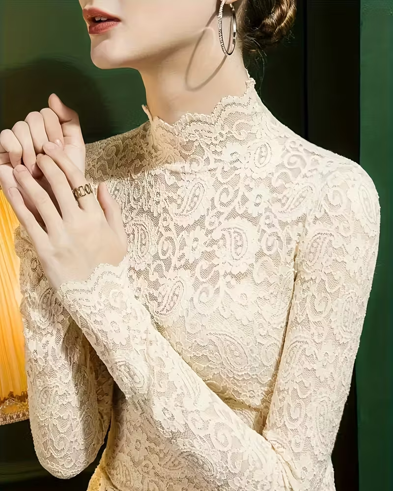R&B | Elegant Unifarben Halbausschnitt Langarm Spitze