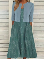 elegantes zweiteiliges Blumenkleid-Set mit einfarbigem Crop-Top und Kleid mit Rundhalsausschnitt