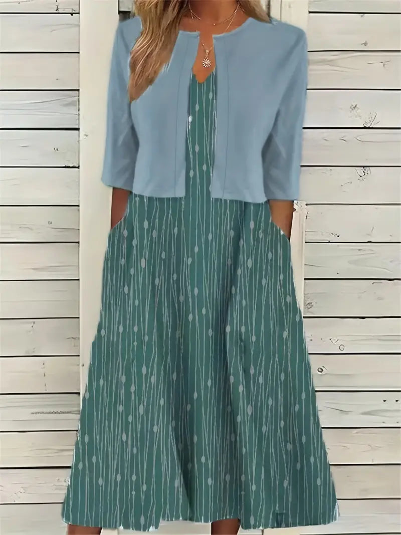 Heidi-Mode – elegantes zweiteiliges blumenkleid-set mit einfarbigem crop-top und kleid mit rundhalsausschnitt