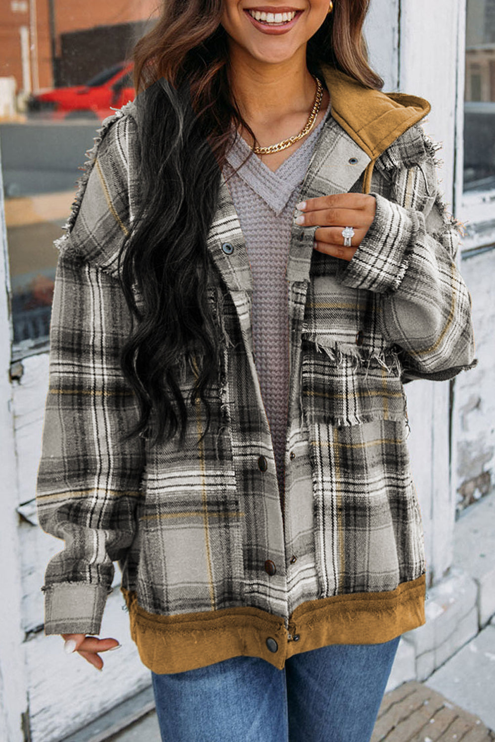 R&B | Karierte Jacke mit Kapuze und Rohen Kanten Baumwolle Lässig und Trendy