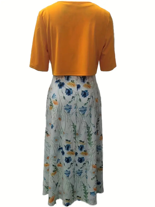 R&B – elegantes zweiteiliges blumenkleid-set mit einfarbigem crop-top und kleid mit rundhalsausschnitt
