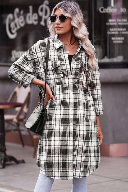 R&B | Karierter Button-Up Longline Shacket mit Brusttaschen
