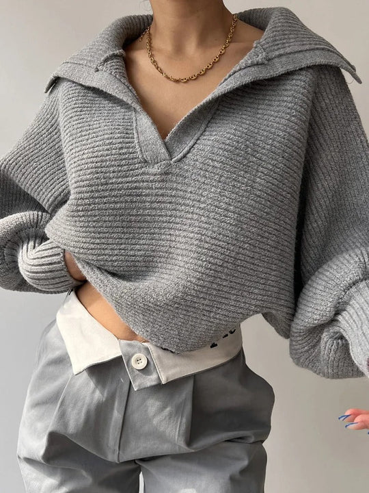 R&B | Strickpullover mit Laternenärmeln und offenem Kragen