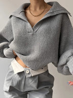 R&B | Gemütlicher Strickpullover mit Laternenärmeln und Offenem Kragen