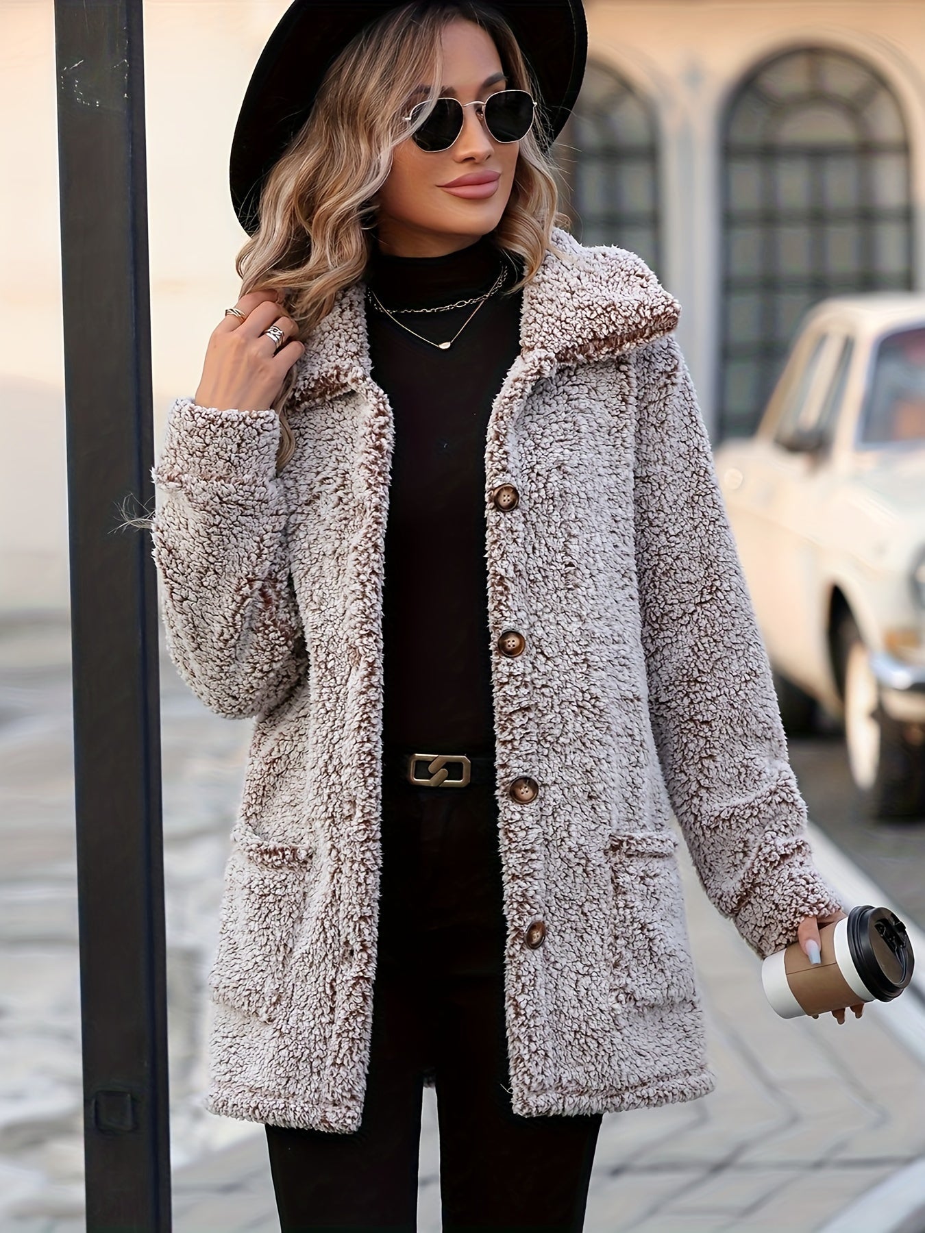 R&B | Lange Teddyjacke mit Knöpfen Polyester Komfortabel und Warm
