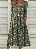 R&B | Midikleid A-Linie Passform V-Ausschnitt 3/4 Ärmel Blumenmuster