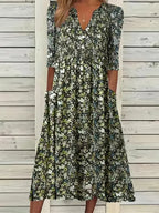 R&B | Midikleid A-Linie Passform V-Ausschnitt 3/4 Ärmel Blumenmuster
