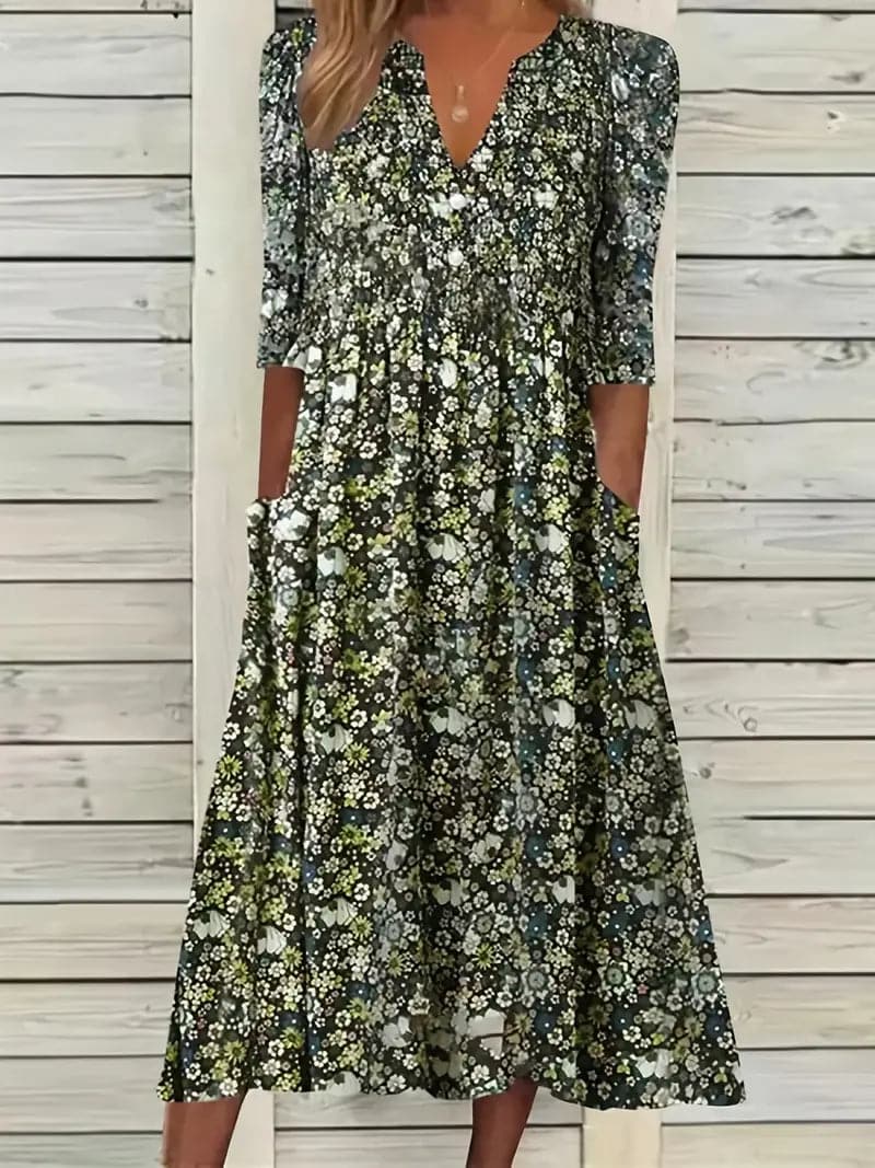 R&B | Midikleid A-Linie Passform V-Ausschnitt 3/4 Ärmel Blumenmuster