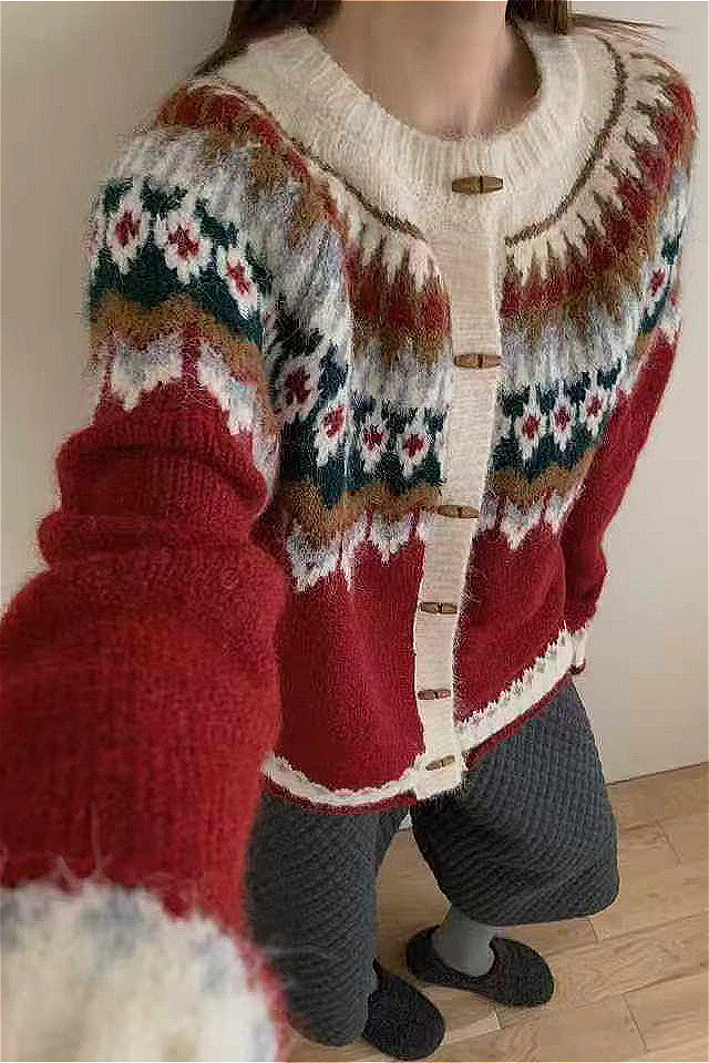 R&B | Rundhals Fair Isle Weihnachten Hornknopf Strickjacke