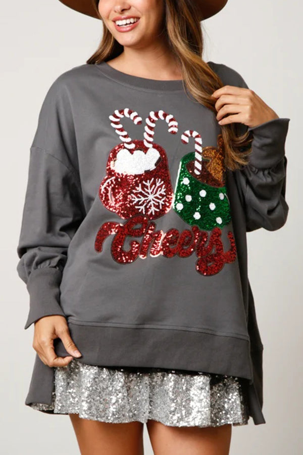 R&B | Weihnachts Süßigkeiten Tasse Pailletten Lässiger Lockere Sweatshirt