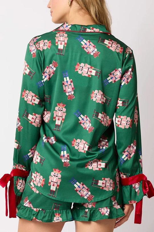 R&B | Weihnachten Mode Gedruckte Fliege Oberteil und Elastischer Taillen Rüschenshorts Set