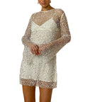 Perlen See-through Mesh Zweiteiliges Set Sling Kleid