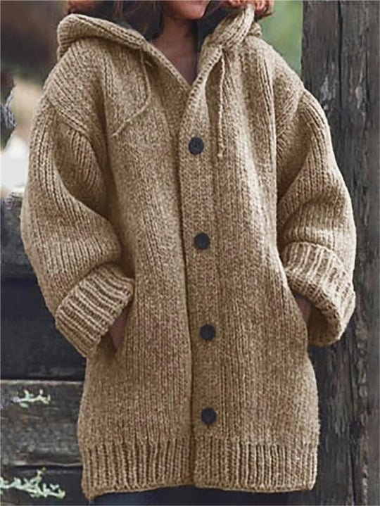 Lange, übergroße Strickjacke mit Kapuze