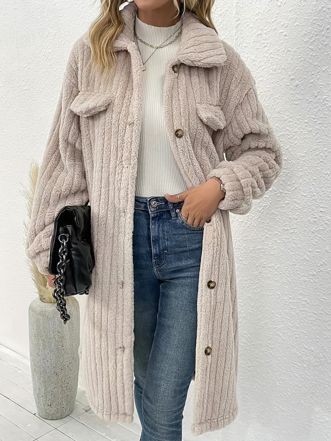 R&B | Lange, Weiche Samtjacke mit Knöpfen Polyester Warm und Bequem