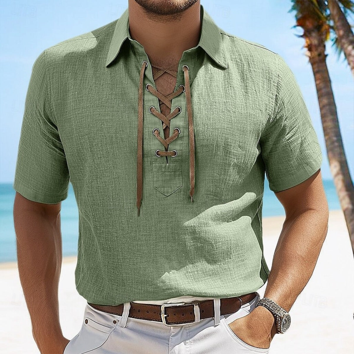 R&B | Leinen Revers Tether V-Ausschnitt Kurzarm-Shirt