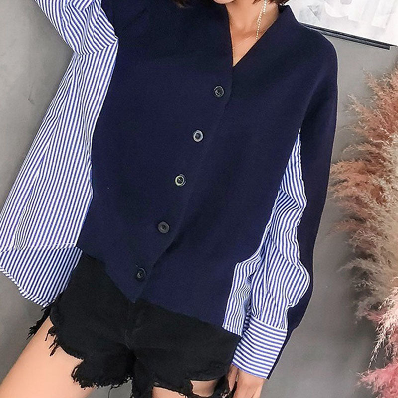 R&B | Einzigartiger Strickcardigan mit Hemdärmeln Weich und Trendy Kontrastdesign