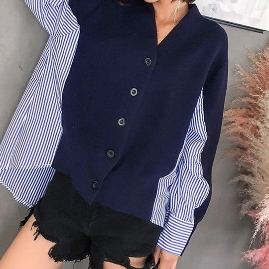 R&B | Einzigartiger Strickcardigan mit Hemdärmeln Weich und Trendy Kontrastdesign