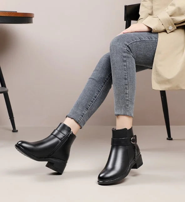 R&B | Damen Echtes Leder Metall Schnalle Samt Stiefel