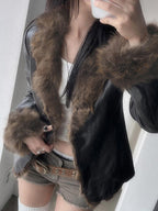 R&B | Amerikanischer Stil Pelzkragen Patchwork Lederjacke