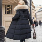 R&B | Damen lange Winterjacke mit Pelzmütze und Gürtel