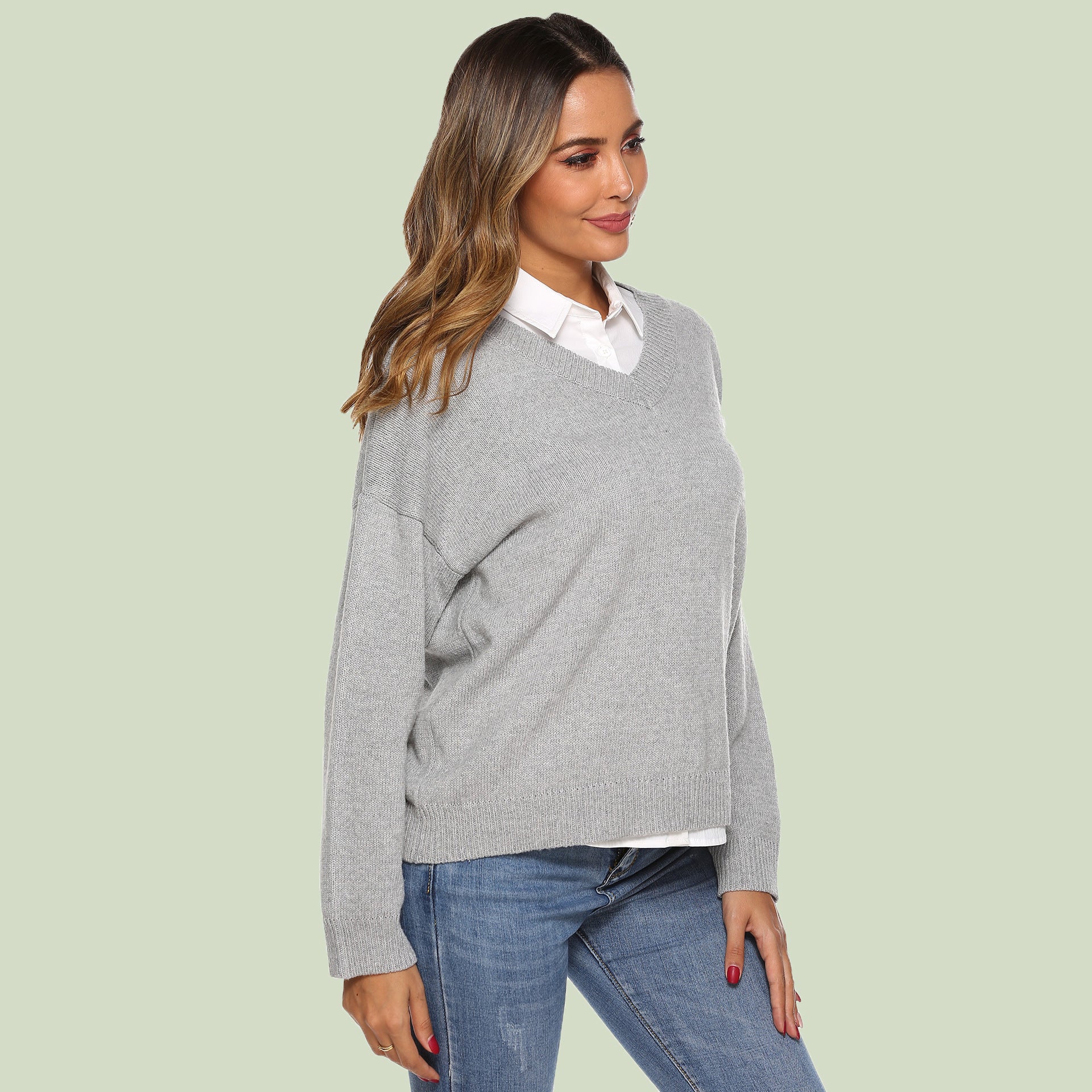 R&B | Strickpullover V-Ausschnitt Lockere Passform Lange Ärmel Weich und Bequem