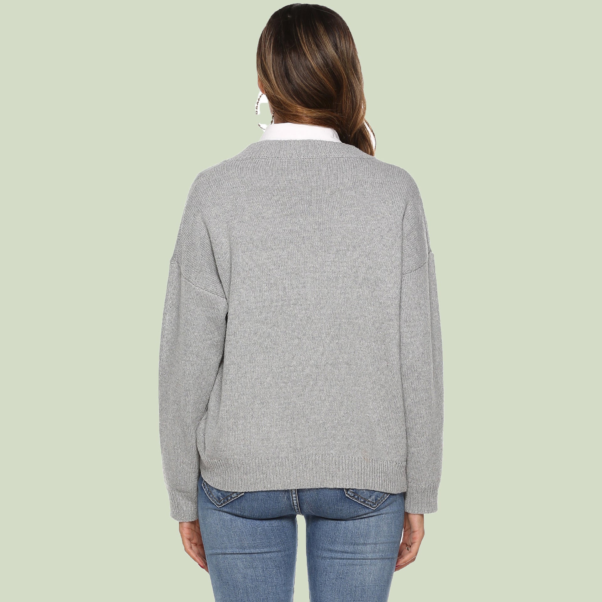 R&B | Strickpullover V-Ausschnitt Lockere Passform Lange Ärmel Weich und Bequem