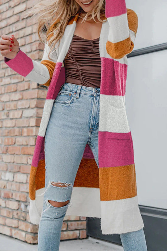 R&B | Gestrickte Strickjacke mit offener Vorderseite und Farbblock