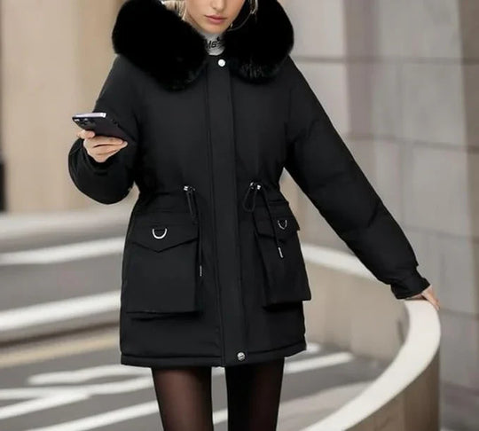 R&B | Parka Mantel – Isoliert Mid-Thigh Passform – Kunstfell Kapuze – Verstellbare Taille